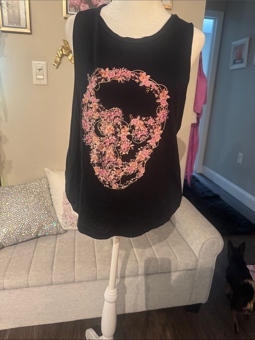 Women’s Black Muscle Tee with Floral Skull Graphic